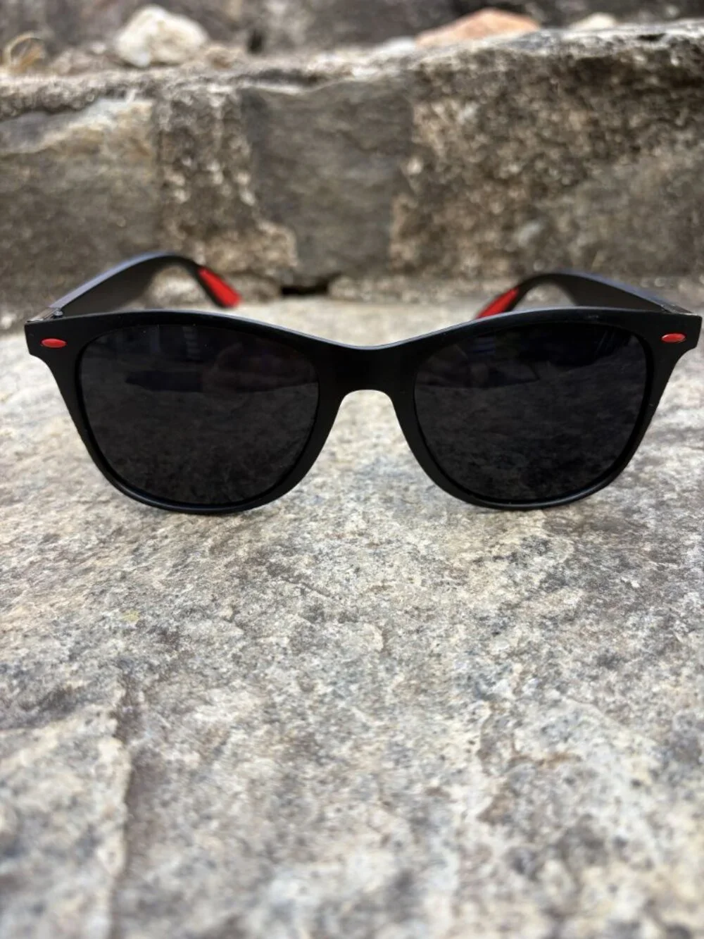 Matte Black Wayfarer Style Sunglasses Red Accent Grip Sport Performance New